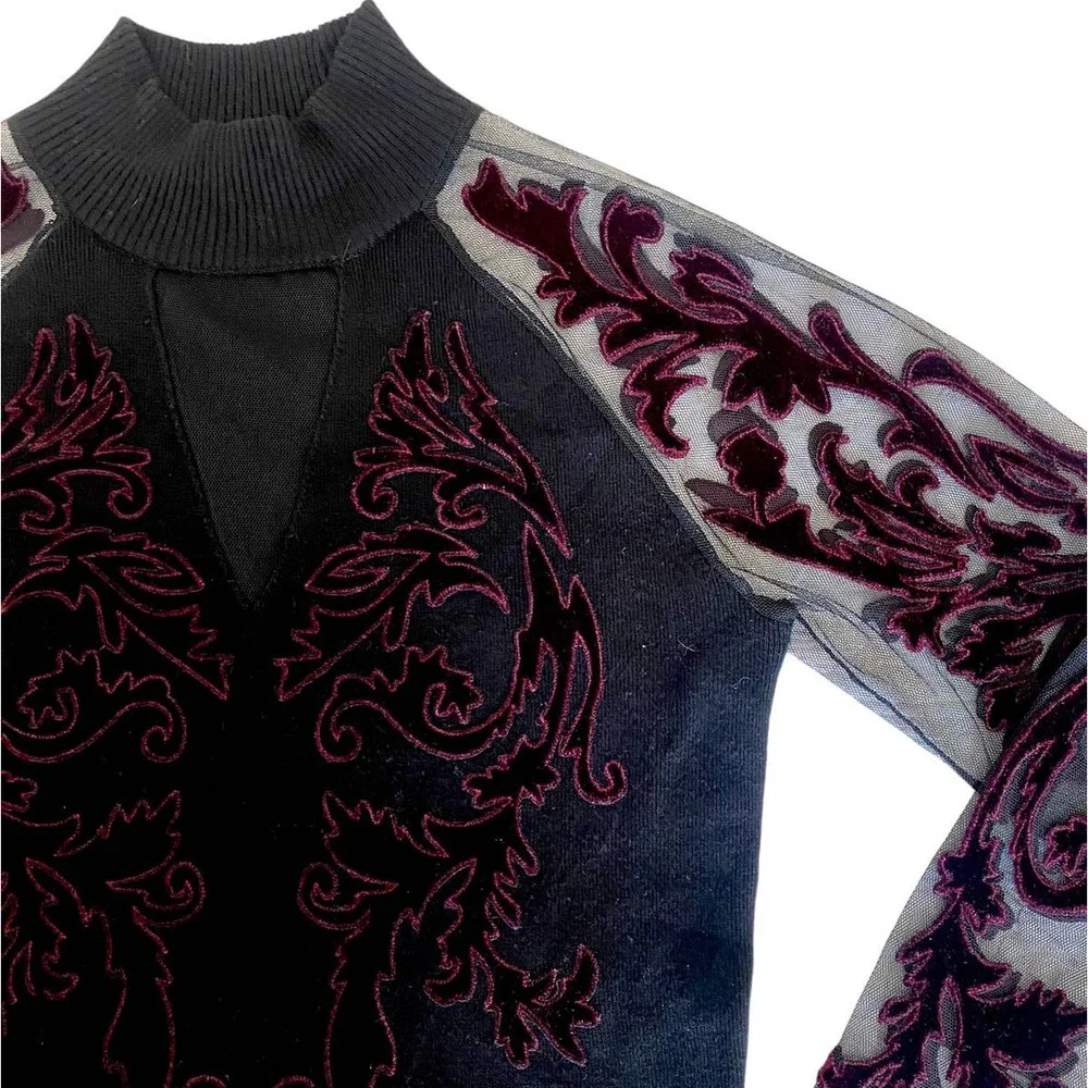 INC Flocked Velvet Illusion Black & Wine Choker Mesh Sweater Top Medium - Picture 7 of 11